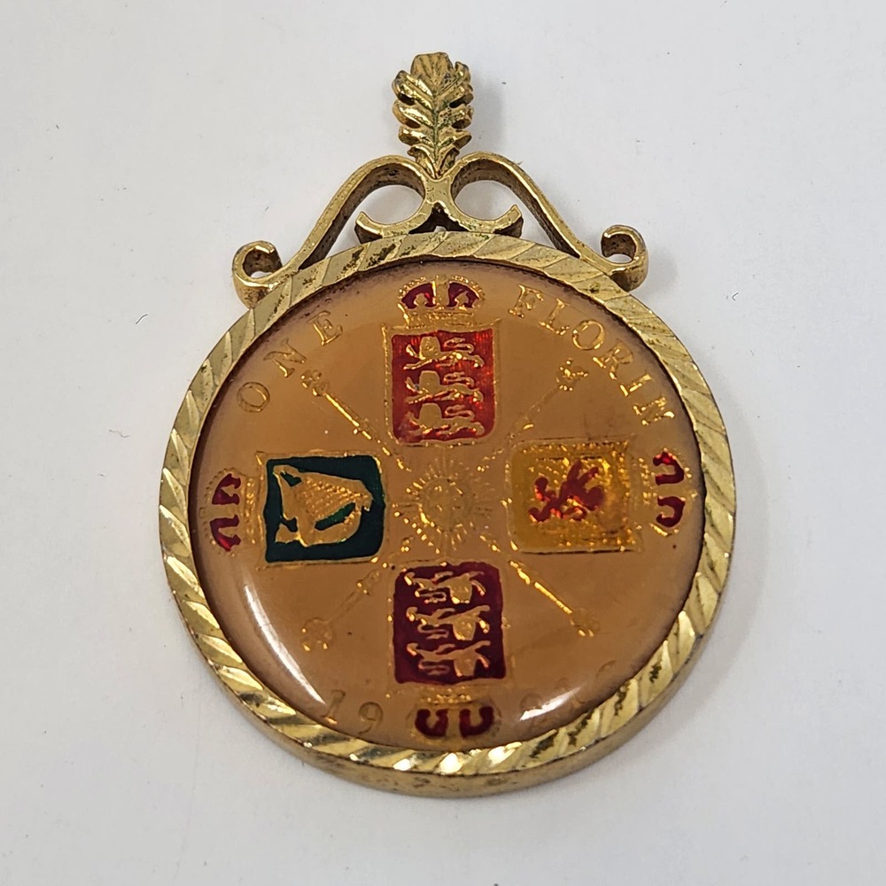 George V 1921 Florin Hand Enameled Coin Gold Tone Pendant Vintage Jewelry